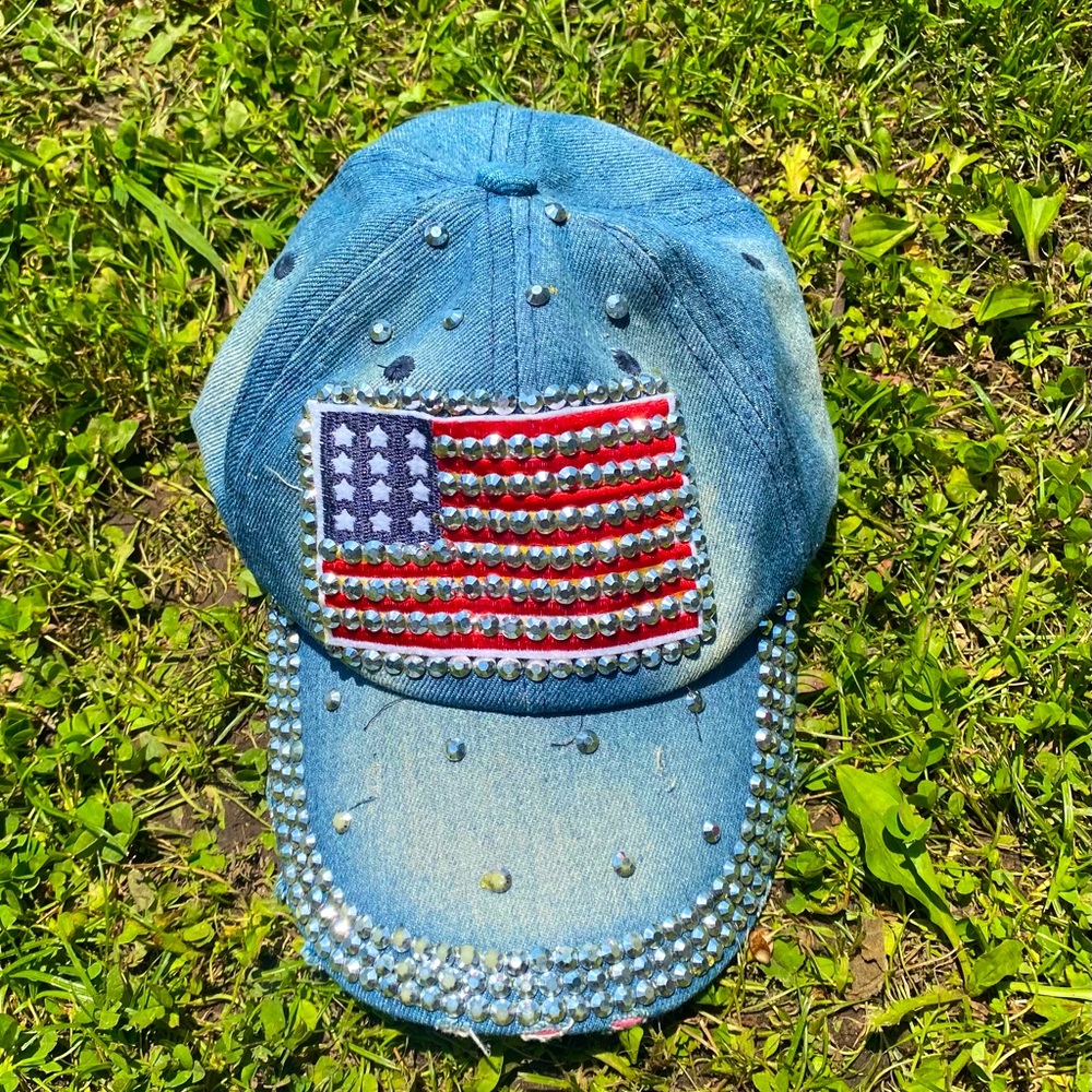 Denim bedazzled American flag cap